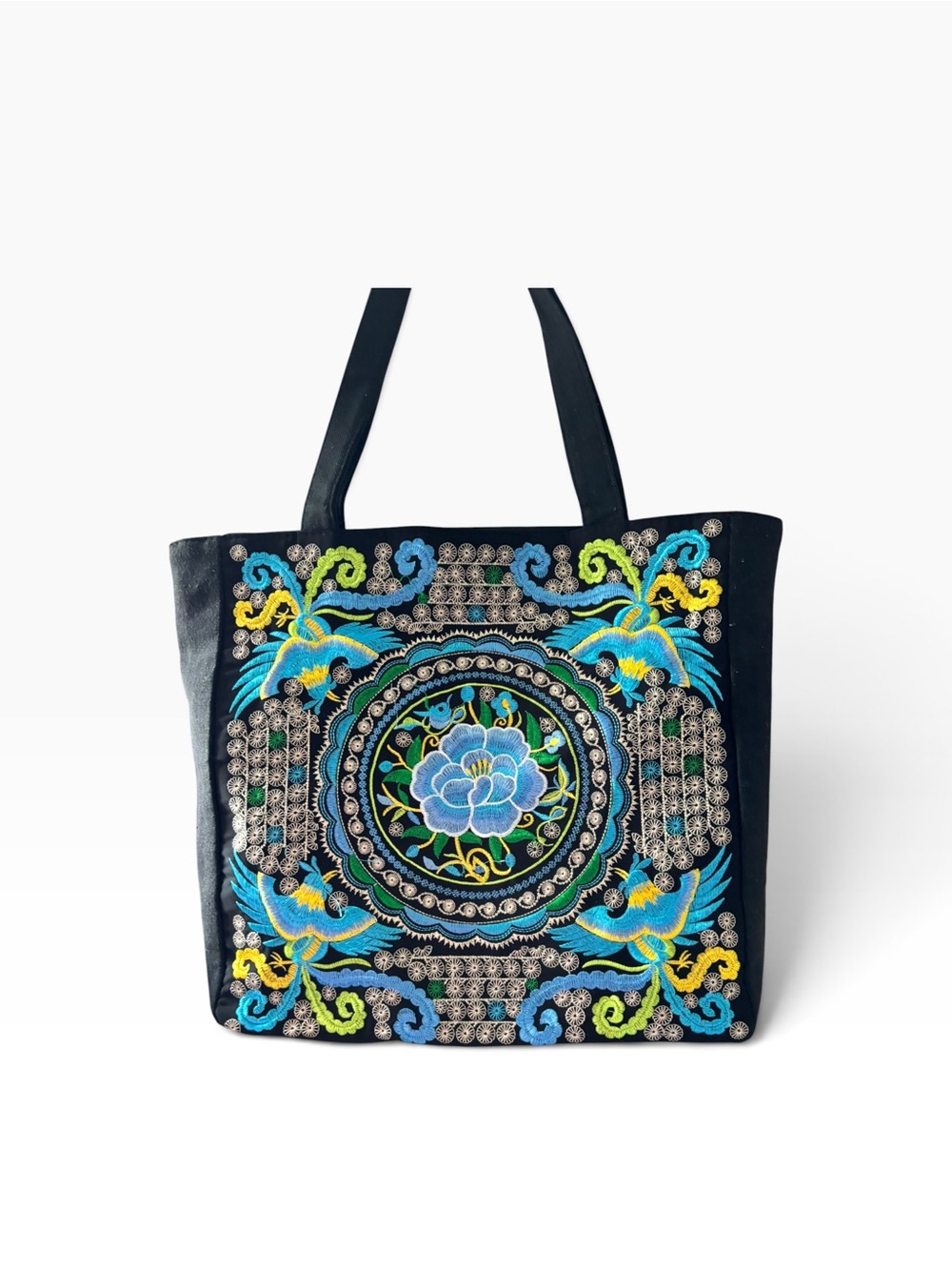 Embroidered Peacock & Floral Black Tote Bag – Boho Statement Shopper 17” x 13” - Picture 3 of 6